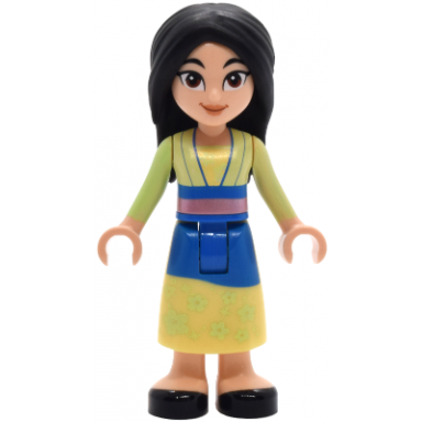 mulan - yellowish green and bright light yellow robe black shoes wide grin with corner indents