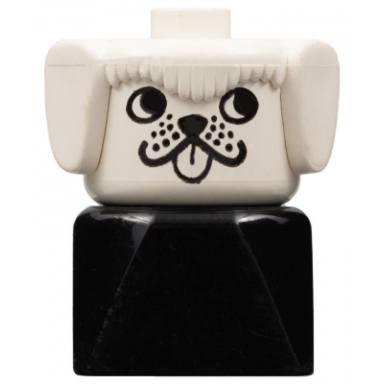 duplo 2 x 2 x 2 figure brick early dog on black base white head looks left