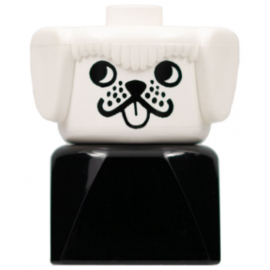 duplo 2 x 2 x 2 figure brick early dog on black base white head looks right