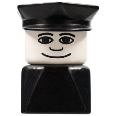 duplo 2 x 2 x 2 figure brick early male on black base black police hat wide smile