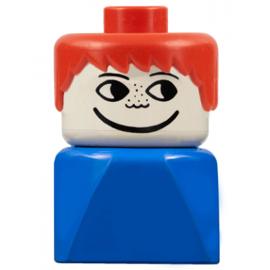 duplo 2 x 2 x 2 figure brick early male on blue base red hair freckles