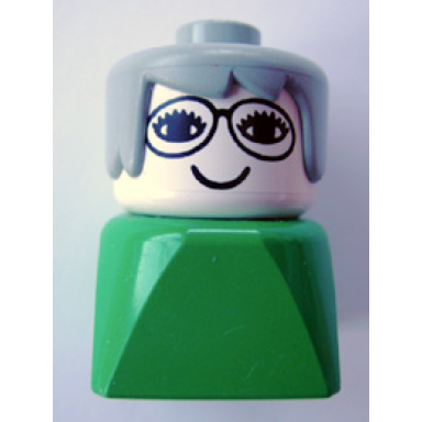 duplo 2 x 2 x 2 figure brick early female on green base gray hair glasses grandmother