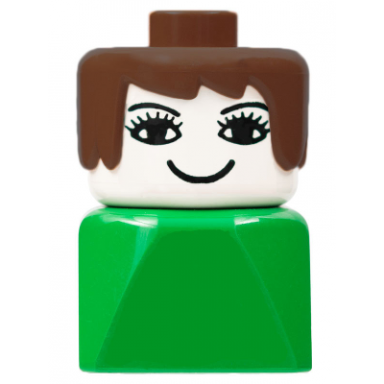 duplo 2 x 2 x 2 figure brick early female on green base brown hair eyelashes