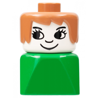 duplo 2 x 2 x 2 figure brick early female on green base fabuland brown hair eyelashes nose