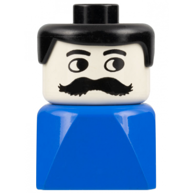 duplo 2 x 2 x 2 figure brick early male on blue base black hair moustache