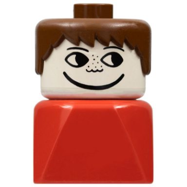 duplo 2 x 2 x 2 figure brick early male on red base brown hair freckles