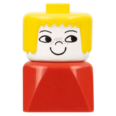 duplo 2 x 2 x 2 figure brick early female on red base yellow hair freckles