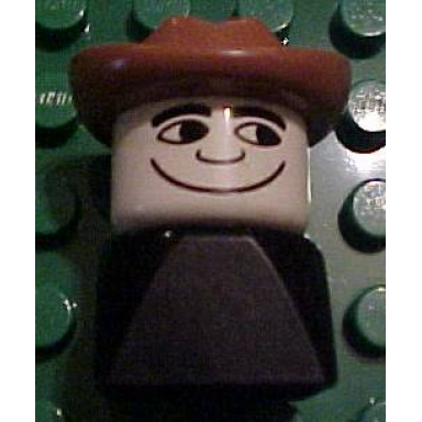 duplo 2 x 2 x 2 figure brick early male on black base fabuland brown western hat looking left