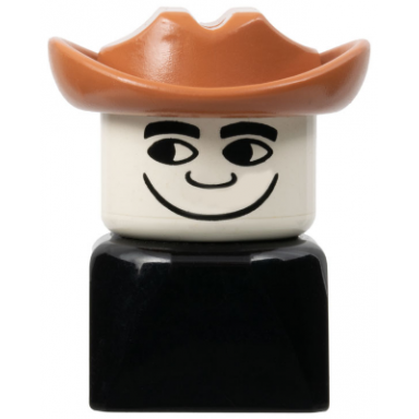 duplo 2 x 2 x 2 figure brick early male on black base fabuland brown western hat looking right