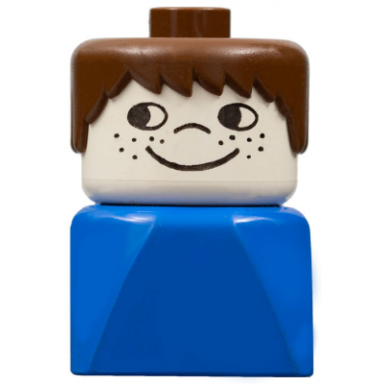 duplo 2 x 2 x 2 figure brick early male on blue base brown hair cheek freckles
