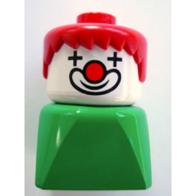 duplo 2 x 2 x 2 figure brick early clown on green base red hair