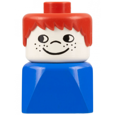 duplo 2 x 2 x 2 figure brick early male on blue base red hair cheek freckles