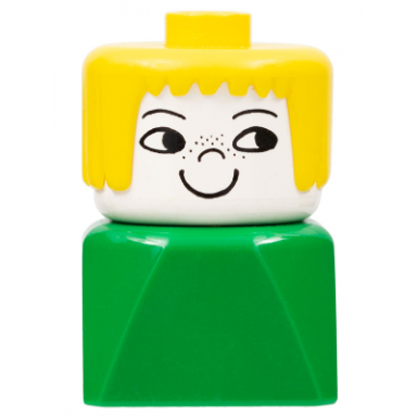 duplo 2 x 2 x 2 figure brick early female on green base yellow hair nose freckles