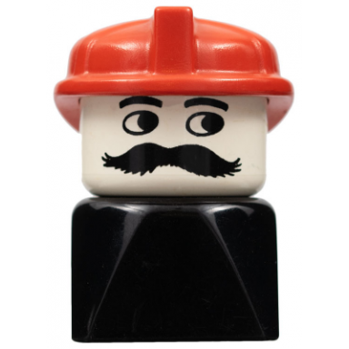 duplo 2 x 2 x 2 figure brick early male on black base moustache red hat firefighter