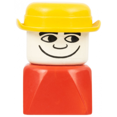 duplo 2 x 2 x 2 figure brick early male on red base yellow derby hat