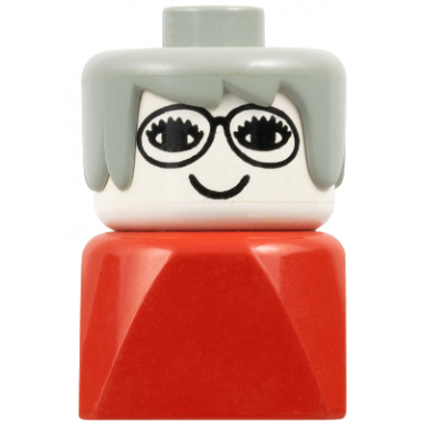 duplo 2 x 2 x 2 figure brick early female on red base gray hair glasses grandmother