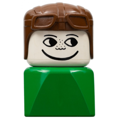 duplo 2 x 2 x 2 figure brick early male on green base brown aviator hat