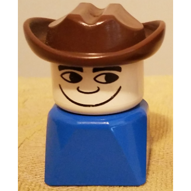 duplo 2 x 2 x 2 figure brick early male on blue base fabuland brown western hat