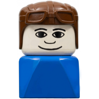 duplo 2 x 2 x 2 figure brick early male on blue base brown aviator hat