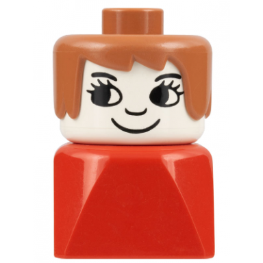 duplo 2 x 2 x 2 figure brick early female on red base fabuland brown hair eyelashes nose