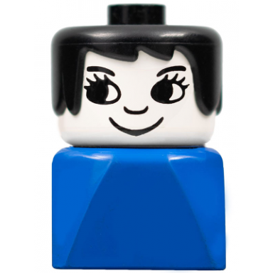 duplo 2 x 2 x 2 figure brick early female on blue base black hair eyelashes nose
