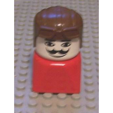 duplo 2 x 2 x 2 figure brick early male on red base brown aviator hat moustache