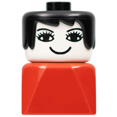 duplo 2 x 2 x 2 figure brick early female on red base black hair eyelashes nose