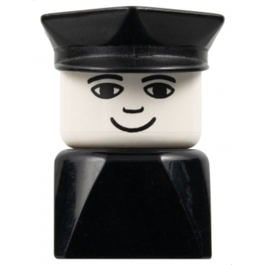 duplo 2 x 2 x 2 figure brick early male on black base black police hat small smile