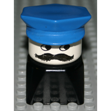 duplo 2 x 2 x 2 figure brick early male on black base blue police hat moustache