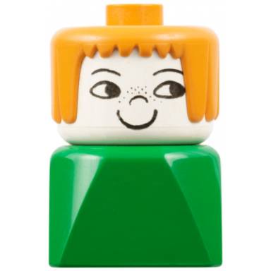 duplo 2 x 2 x 2 figure brick early female on green base earth orange hair nose freckles