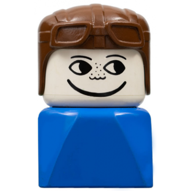 duplo 2 x 2 x 2 figure brick early male on blue base brown aviator hat freckles