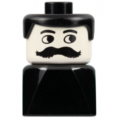 duplo 2 x 2 x 2 figure brick early male on black base black hair moustache