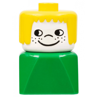 duplo 2 x 2 x 2 figure brick early female on green base yellow hair nose freckles on cheeks