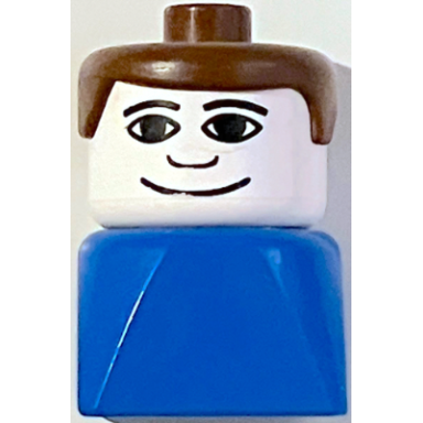 duplo 2 x 2 x 2 figure brick early male on blue base brown hair wide smile