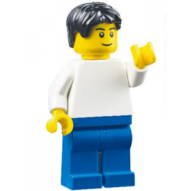 plain white torso blue legs black tousled hair black eyebrows