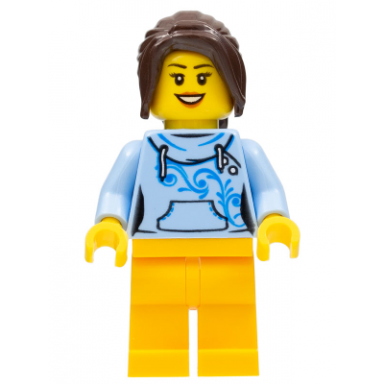 female with long dark brown hair bright light blue hoodie and bright light orange legs