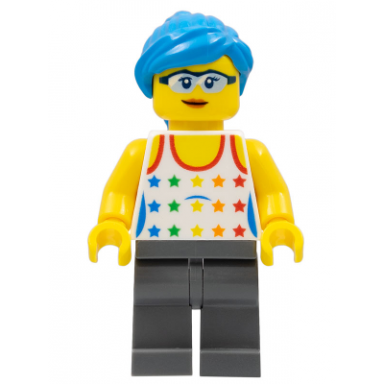 female tank top with colored stars dark bluish gray legs dark azure hair