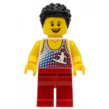 male tank top with surfer silhouette red legs black hair