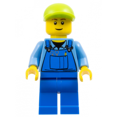 man - blue overalls lime cap