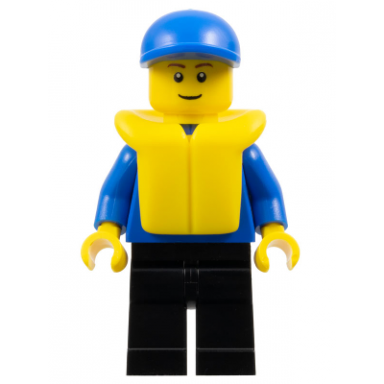 boat worker - plain blue torso black legs blue cap life jacket