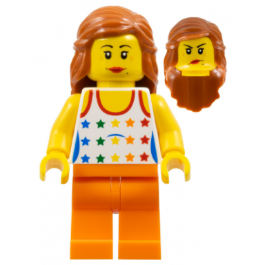 woman - tank top with colored stars orange legs long dark orange hair