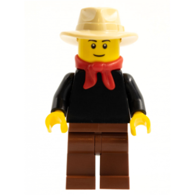 gold prospector - male black torso reddish brown legs tan fedora hat red bandana black eyebrows