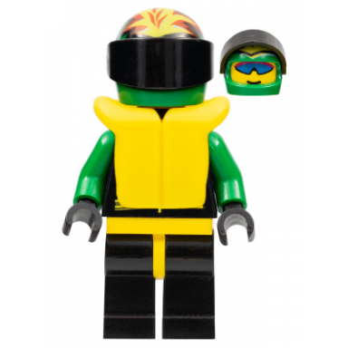 extreme team - green black legs with yellow hips green flame helmet life jacket
