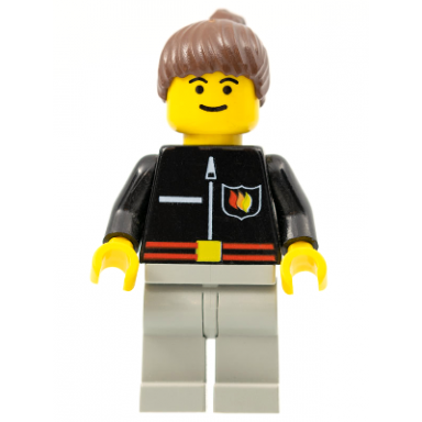 fire - flame badge and straight line light gray legs brown ponytail hair