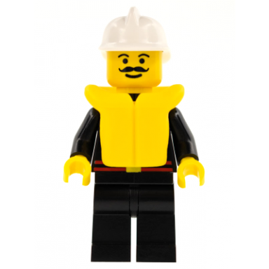 fire - flame badge and 2 buttons black legs white fire helmet life jacket