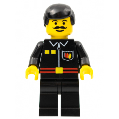 fire - flame badge and 2 buttons black legs black male hair