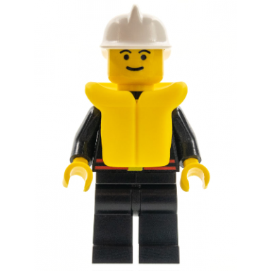 fire - flame badge and straight line black legs white fire helmet life jacket