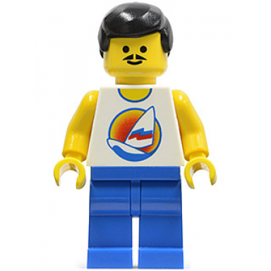 surfboard on ocean - blue legs black hair male moustache