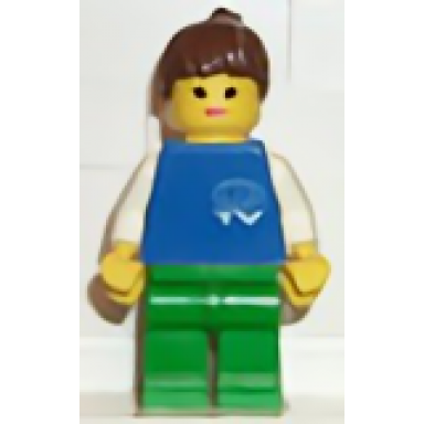 tv logo small pattern green legs brown ponytail hair
