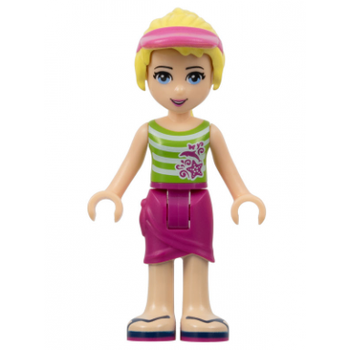 friends stephanie - magenta wrap skirt green top with white stripes hair with visor